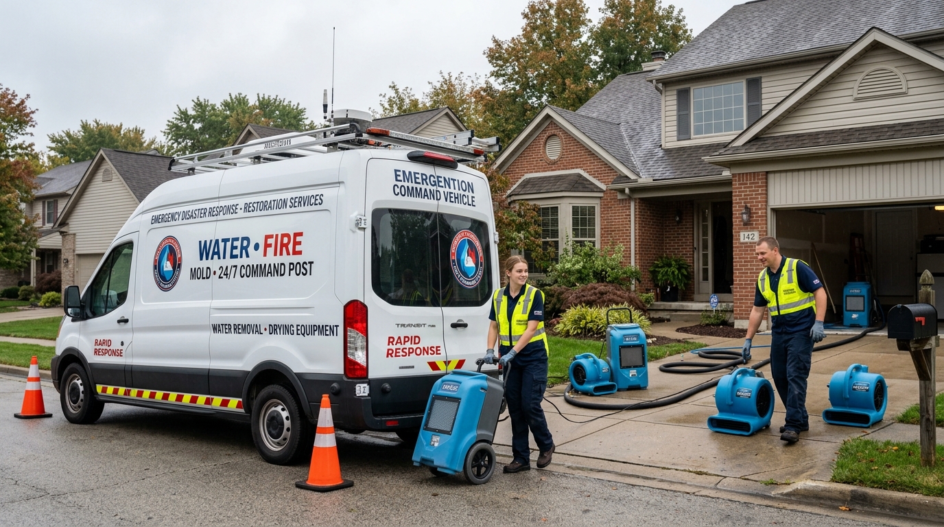Emergency disaster restoration response vehicle and technicians